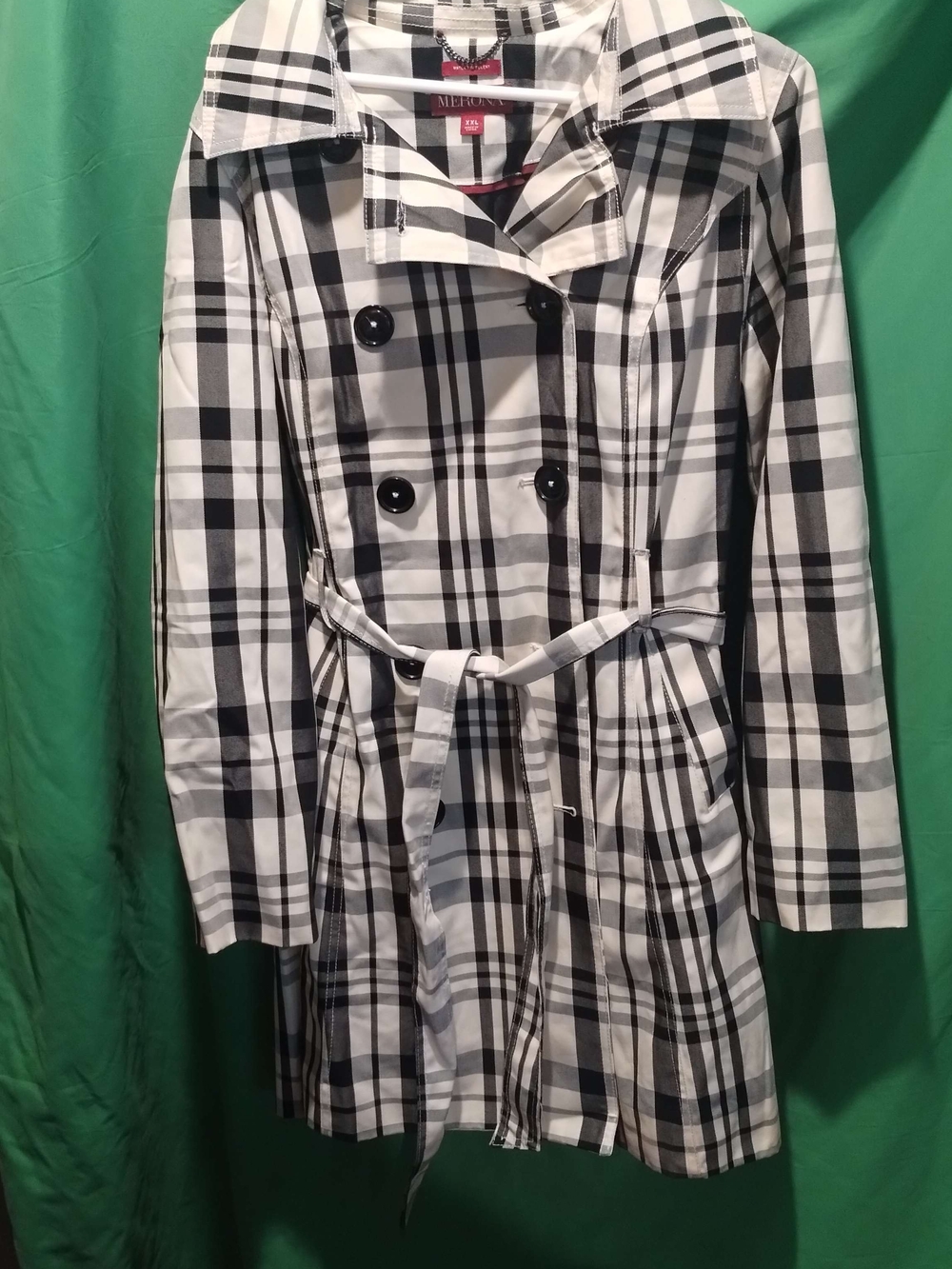 Merona Black and White Plaid Double-Breasted Trench Water Repellent